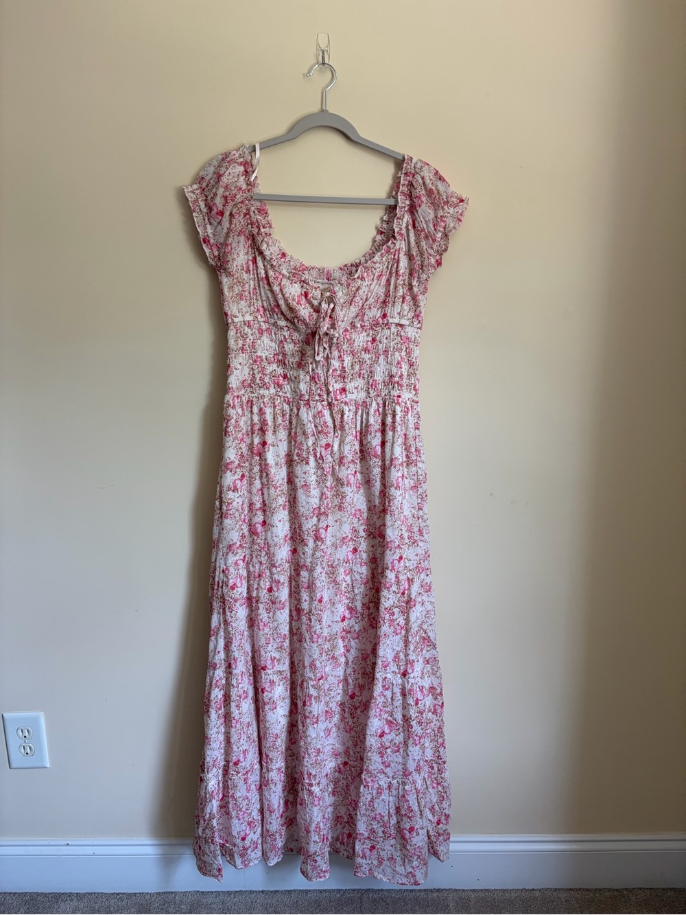 Pink Floral Maxi Dress with Smocked Waist and Tie Front